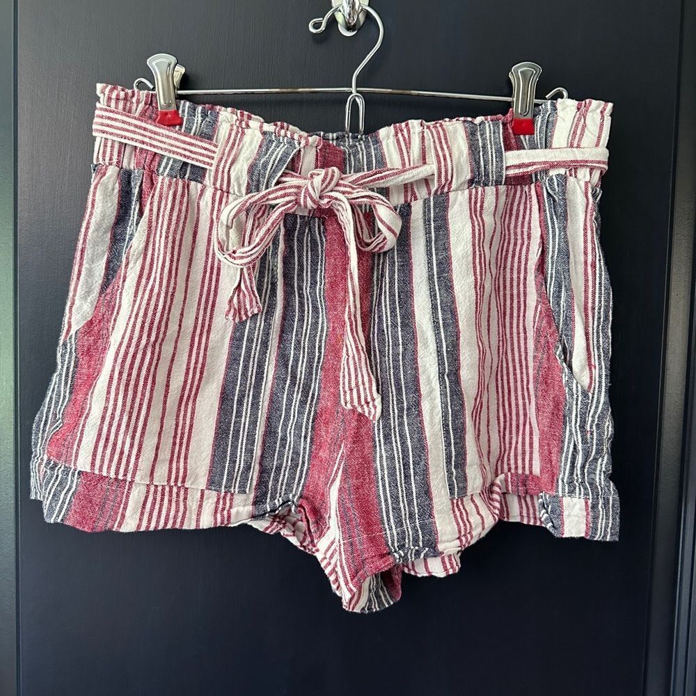 Indigo Rein Linen Rayon Red White Blue Elastic Waist Belt Paper Bag Waist Short